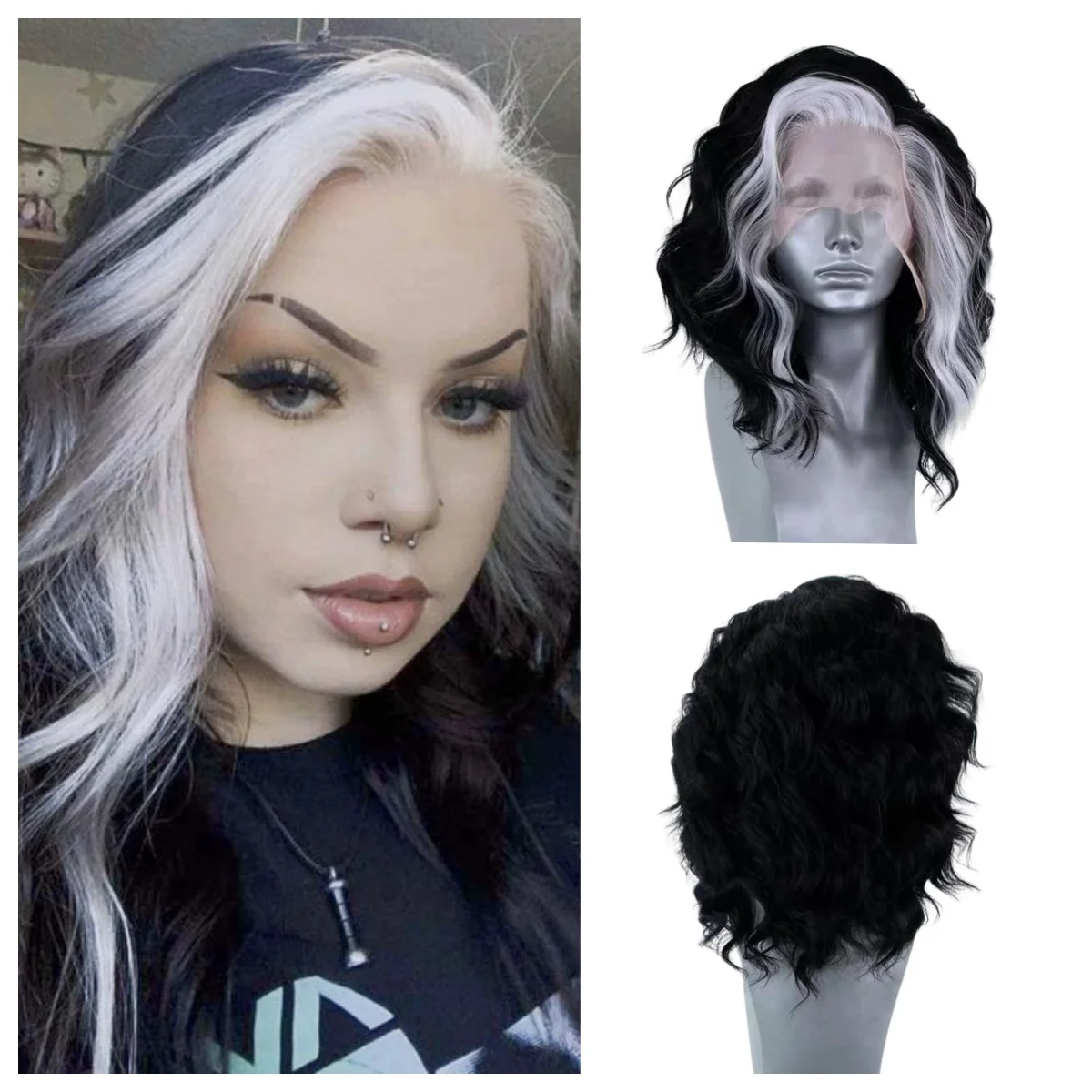 أسود مختلط شعر أبيض قصير بوب الدانتيل شعر مستعار أمامي الجسم موجة الدانتيل الباروكة الأمامية مقاومة للحرارة قبل قطعها الاصطناعية ارتداء اليومي