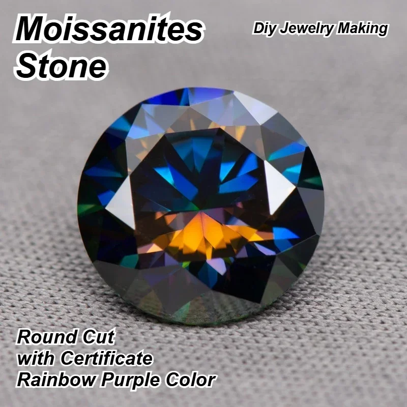 

Top Moissanites Stone Round Cut Rainbow Purple Color Top Quality Eight Hearts And Eight Arrows Gemstones With Certificate