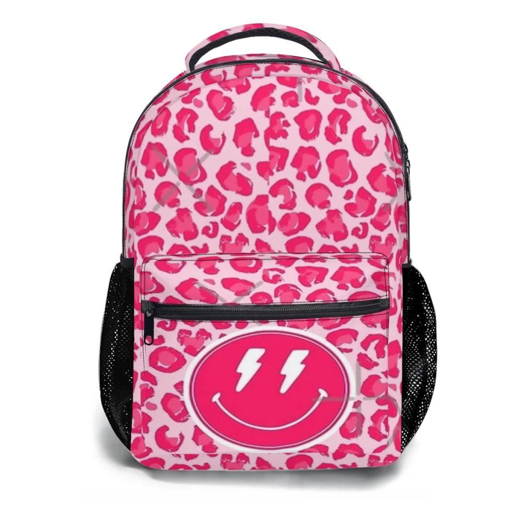 

New Fashionable Preppy School Supplies, Preppy, Aesthetic, Pink, Leopard Print, Smile Pattern Children's School Bag