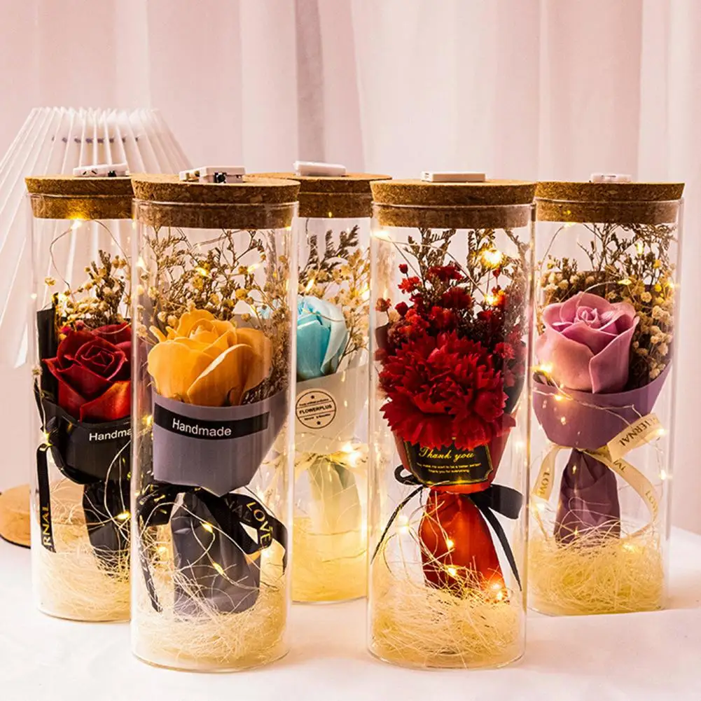 

Artificial Rose Soap Flower Preserved Flower Glass Wishing Bottle Eternal Rose Flower With LED Light Romantic Gift For Lover