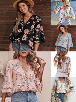 Woman Floral Print V Neck Shirt Half Bell Sleeves Lace Trim Loose Fit for Bohemian Beach Vibes Summer Vacations Casual Chic