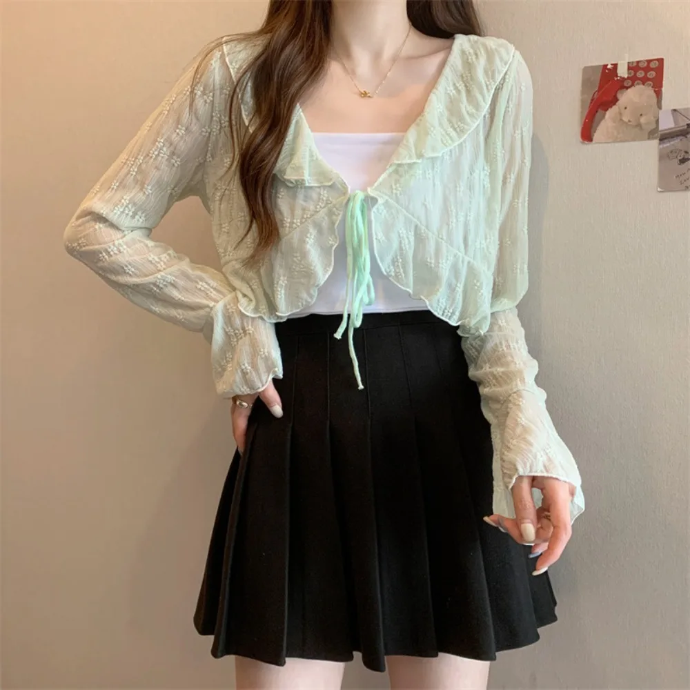 

Floral Flower Thin Sunscreen Cardigan Top Ruffled Edge See Through Knitted Long Sleeves Sunscreen Top Beach Wear