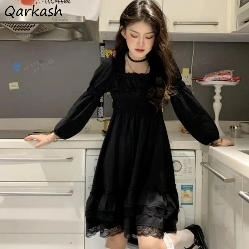 Women Long Sleeve Dress Solid Black Lace Pleated Lovely Square-collar Sweet Elegant Trendy High-waist Ulzzang A-line Girls Sexy