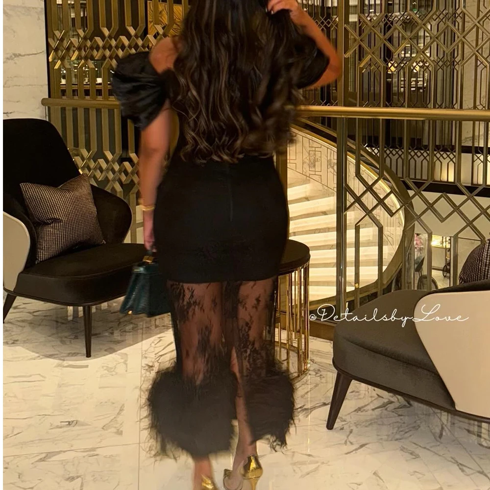 Customized Temperament Lace Straight Off the Shoulder Feathers Evening Dress High Quality Ankle Length vestidos para mujer