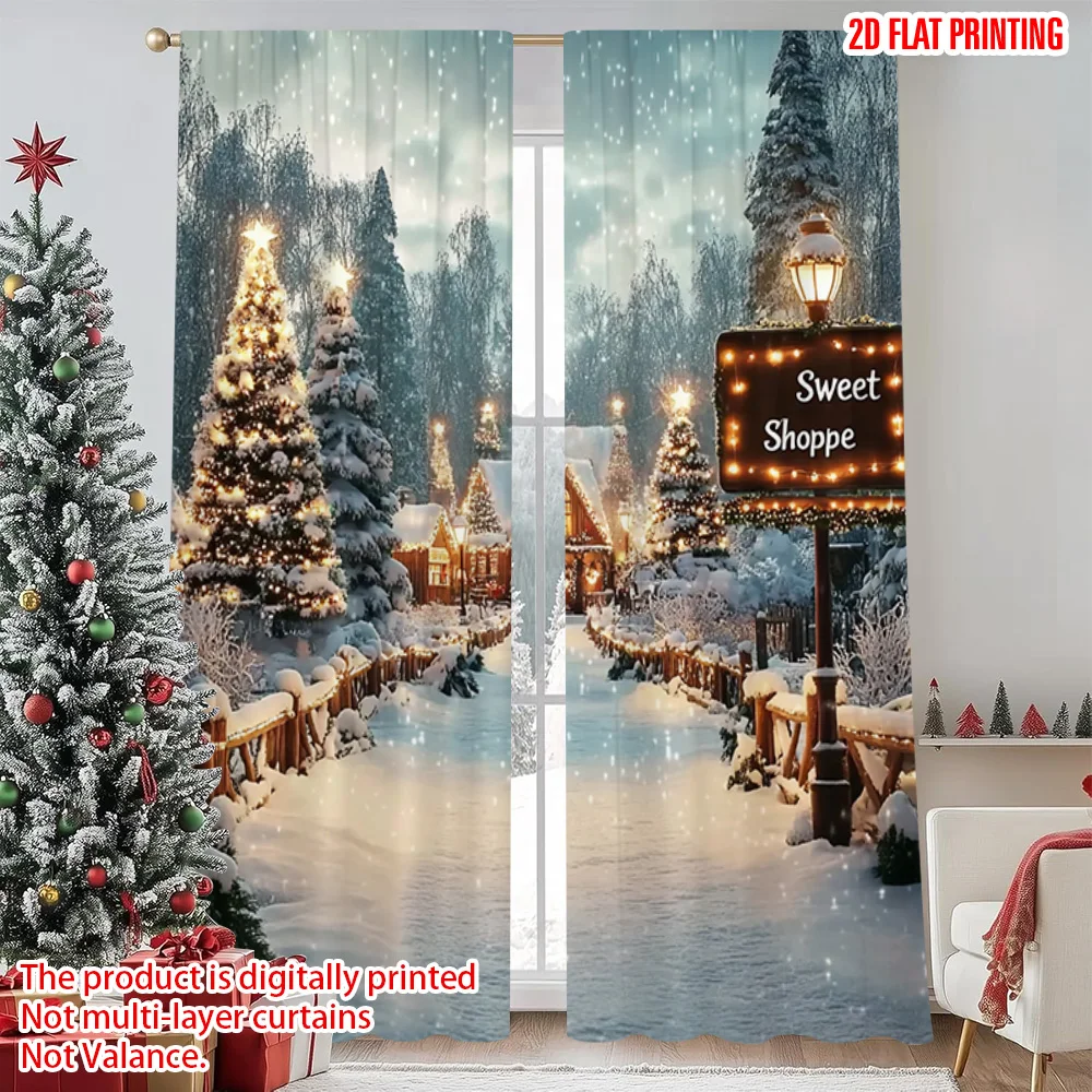 

2pcs 2D flat printing Christmas Scene Curtain winter wonderland 101 Machine Washable Polyester Without Electricity Birthday