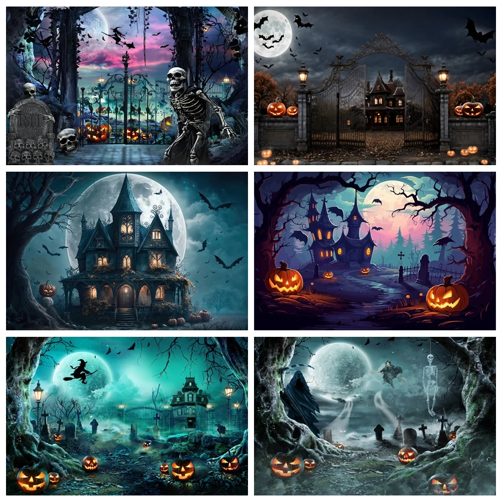 

Halloween Party Backdrop Horror Night Moon Scary Grave Ghost Skull Witch Castle Children Portrait Photography Background Props