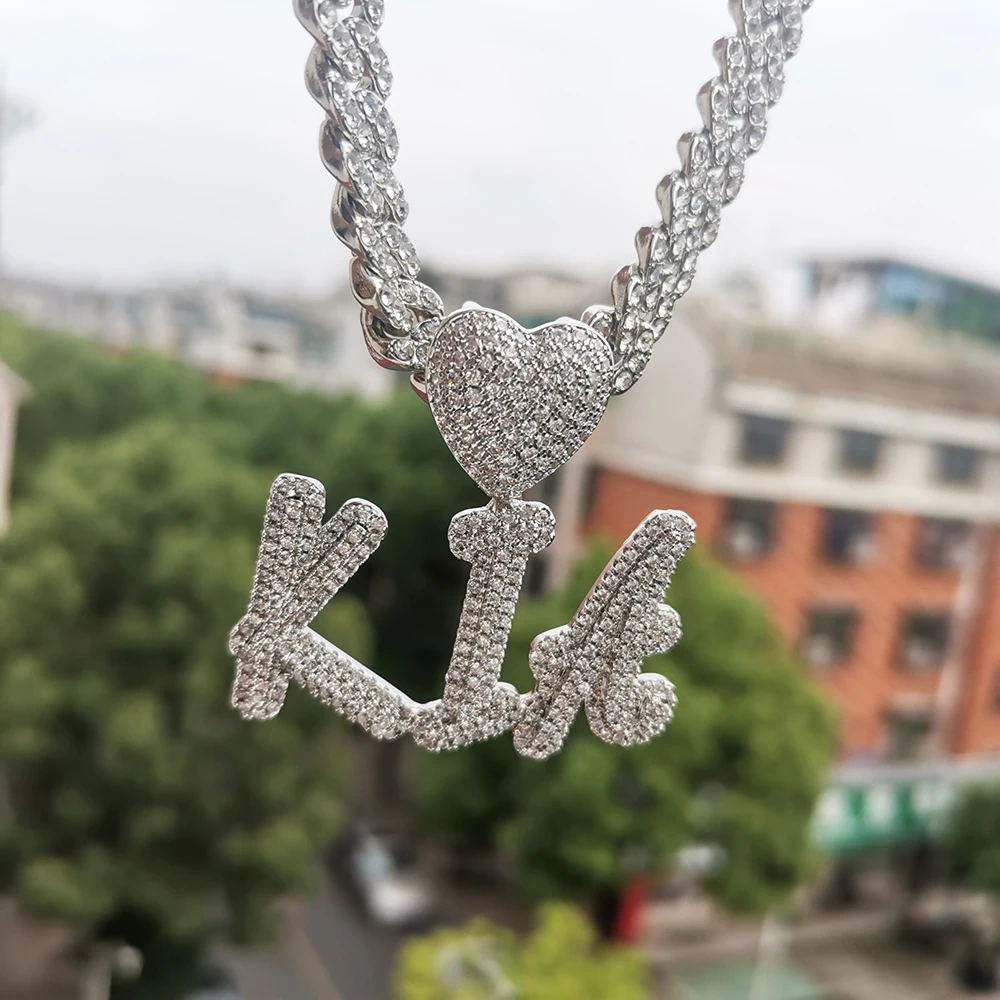 Custom Initial Bubble Letter Number With Heart Personalized Nameplate Cubic Zircon Necklace For Men Women Hip Hop Jewelry Gifts