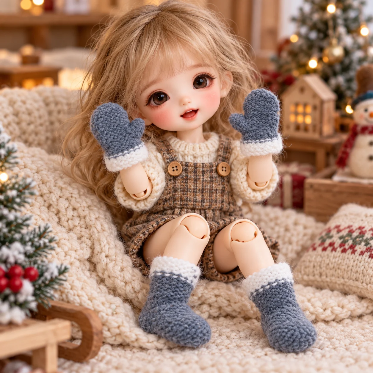1/12 Mini Knitted Socks Mittens Jointed Doll Outfits Winter Christmas Themed Decor Garment Accessories DIY Hair Clips Brooches