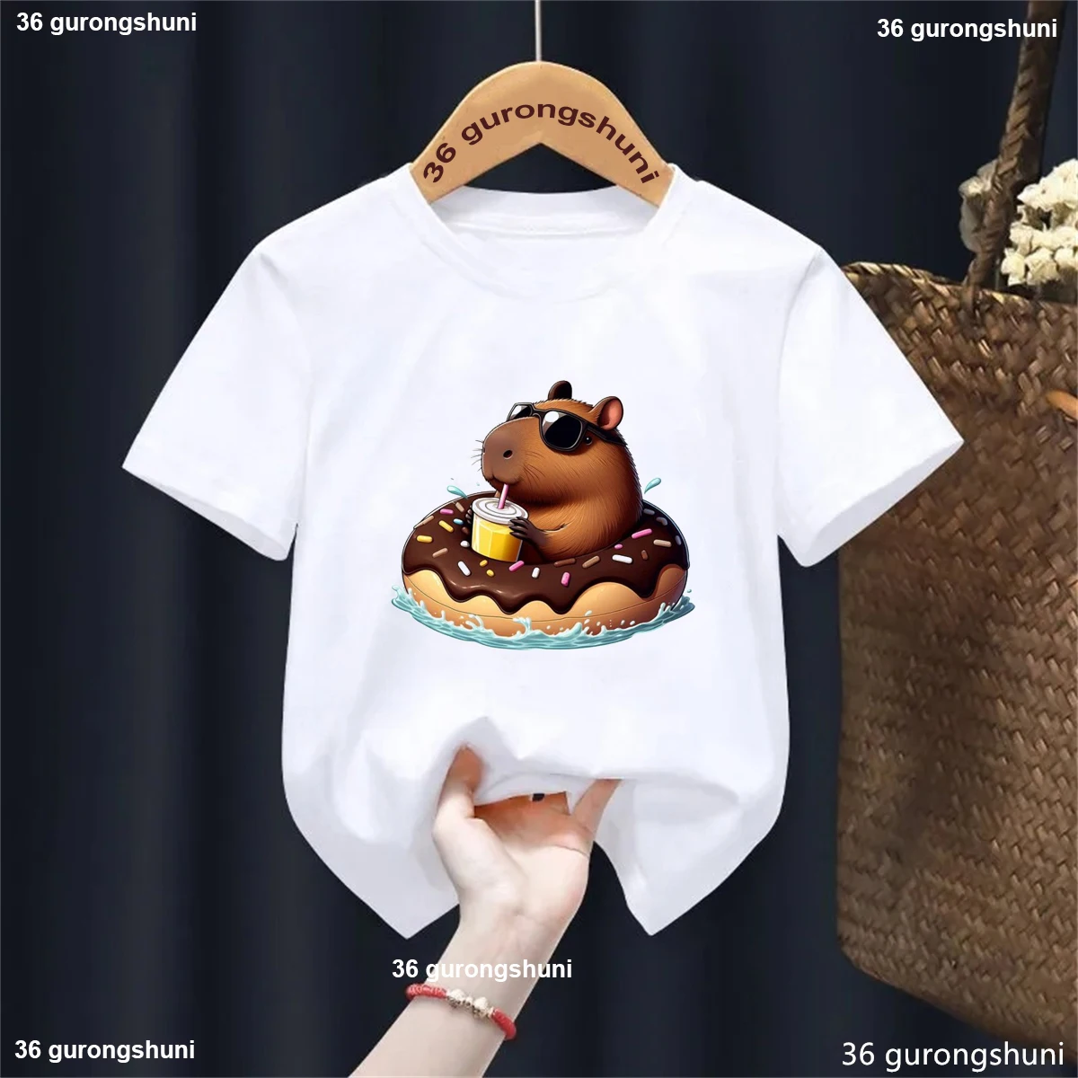 

Capybara Love Donut Boba Printed Tshirt Girls/Boys Funny Kawaii Kids Clothes Summer Short Sleeve Solid T-Shirt Harajuku Shirt