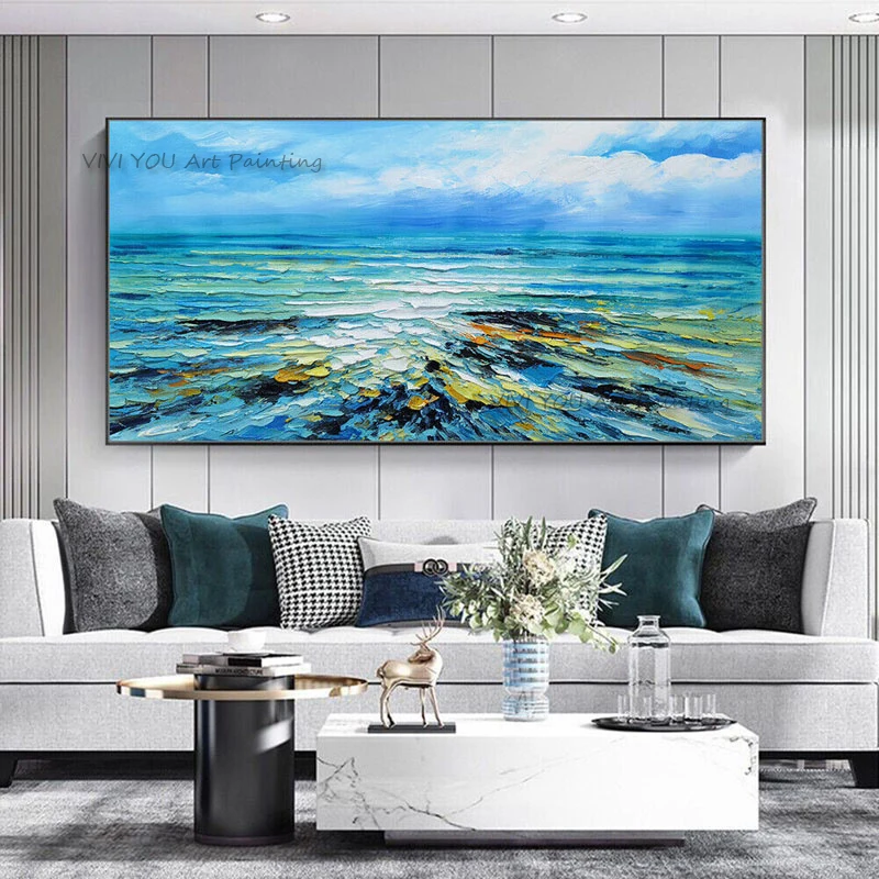 Handpainted Blue Sea Landscape Abstract White Wave Oil Painting Art Home Decor Knife Handpainted Textured Seascapes