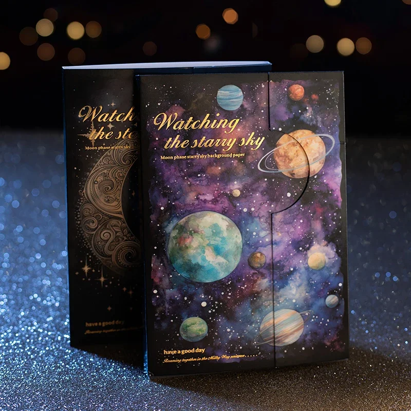 30Pieces Material Paper Watching Starry Sky Moon Phase Background Handwriting Primer Handbook Notepad Scrapbook 172*117MM