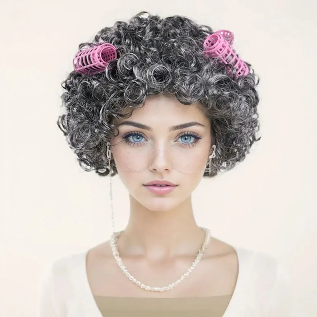 

Synthetic Old Lady Silver Grey Wig Set Granny Wigs with Hair Rollers,Glasses,Eyeglass Chain,Pearl Necklace Daily Party Cosplay