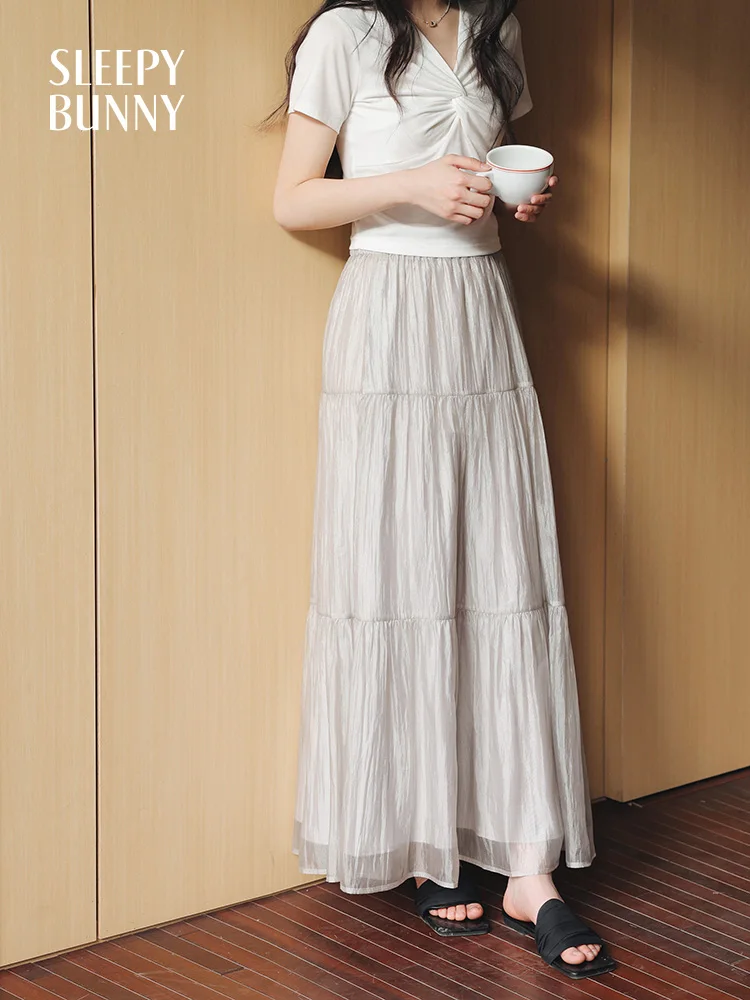Pleated A-Line Skirt Women Summer High Waist Elastic Waistband Tiered Midi Skirt for Petite Elegant Flowy Slimming Style Skirt