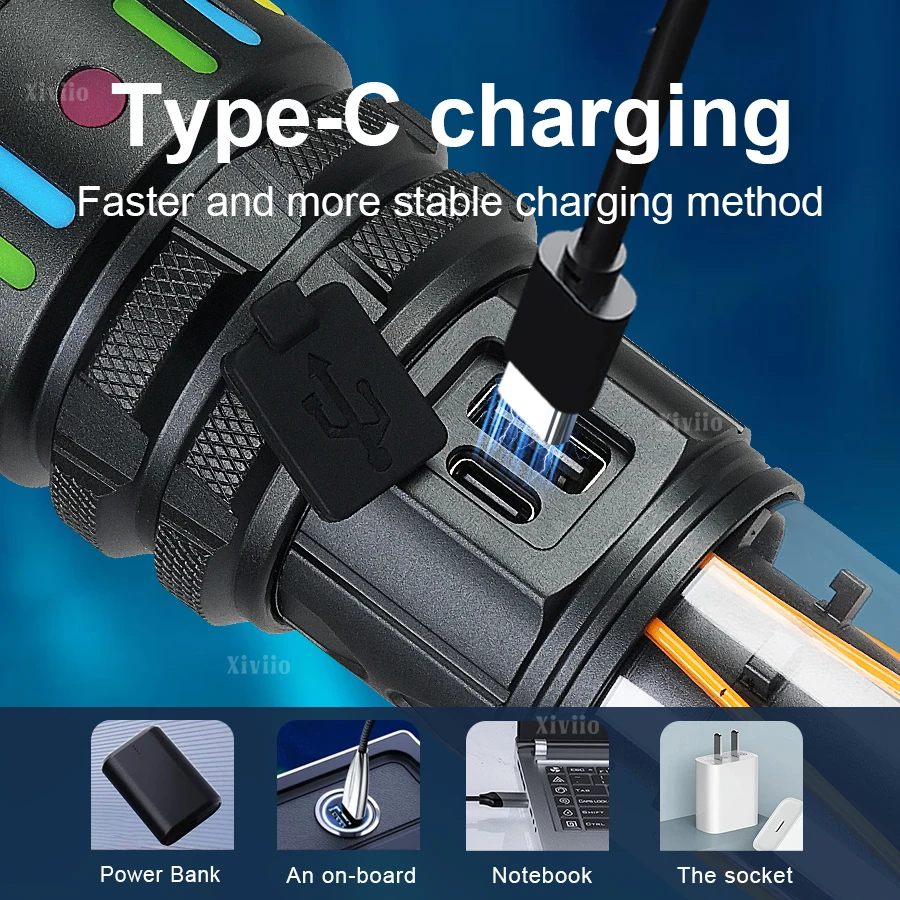 99000000LM Zoom Round Beam LED flashlight High Power LED Flashlight Rechargeable COB Torch Outdoor COB Camping Fishing Lantern