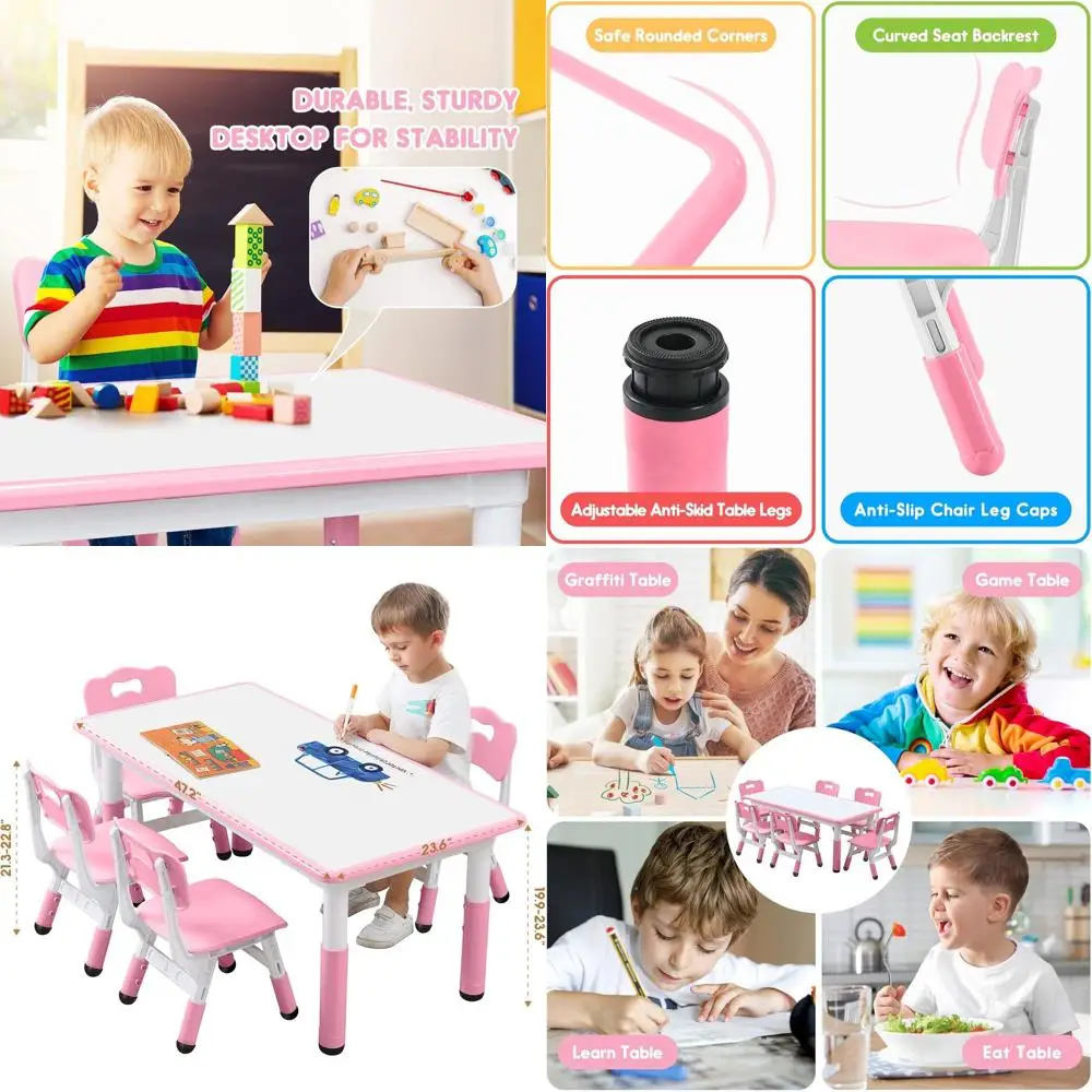

Adjustable Height Kids Desk with 6 Chairs for Ages 3-12, Arts & Crafts Table, Durable Surface, Non-Slip Legs, Supports up to 300
