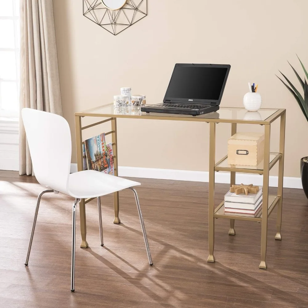 Furniture Gold Metal/Glass Writing Desk, Soft Gold