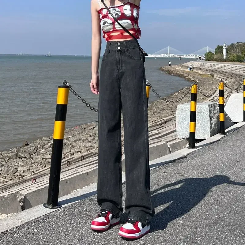 

Korean Women's High Waist Jeans Spring New Fashion Vintage Harajuku Loose Jeans White Pants Black Y2k Pants Streetwear