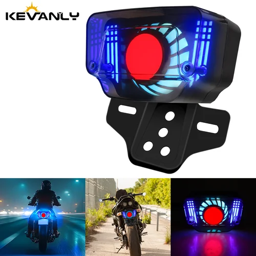 Luz trasera de freno LED Universal para motocicleta, luces de señal, luz trasera integrada con soporte para placa de matrícula, Ojos de Ángel RGB, 12V