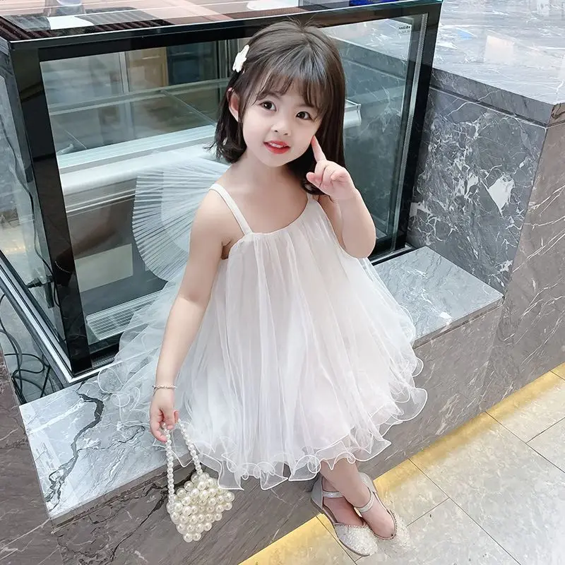 2026 Girls Summer Dress Suspender Wing Bow Princess Dress Girls Fluffy Gauze Performance Fashionable Outfit