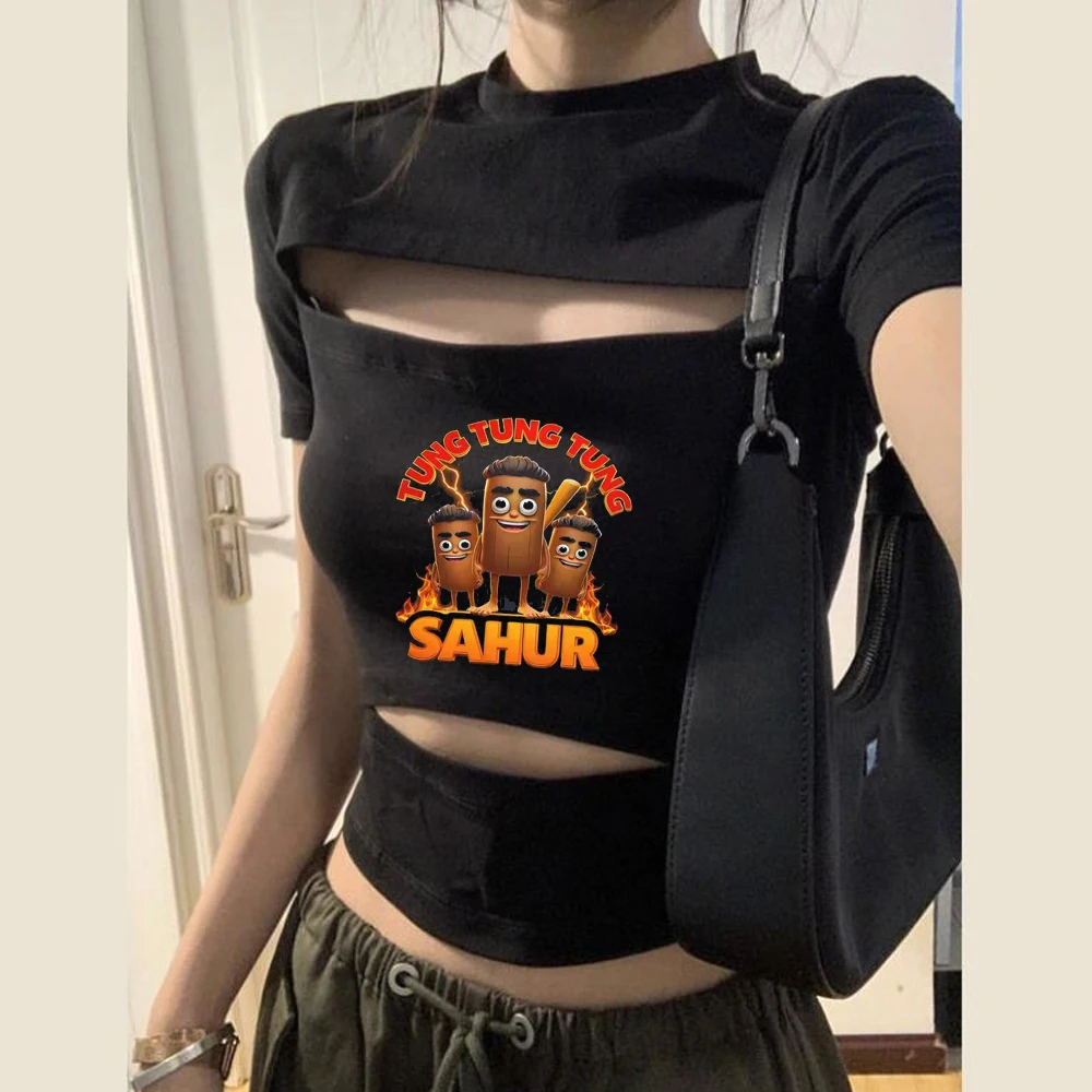 Tung Tung Sahur crop top shoujo gothic grunge gyaru clearance sales scene  t-shirt cute funny gothic y2k