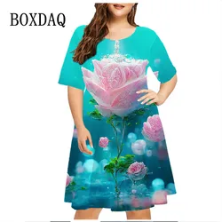 Pink 3D Flower Print Women Dress Elegant Sweet Casual Short Sleeve O-Neck Mini Dress Summer Fashion Party Clothing Plus Size 6XL