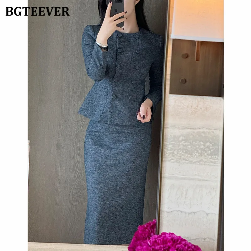 BGTEEVER elegante Vintage Otoño Invierno señoras falda trajes doble botonadura cintura delgada Blazer y paquete faldas a la cadera conjunto con americana para mujer