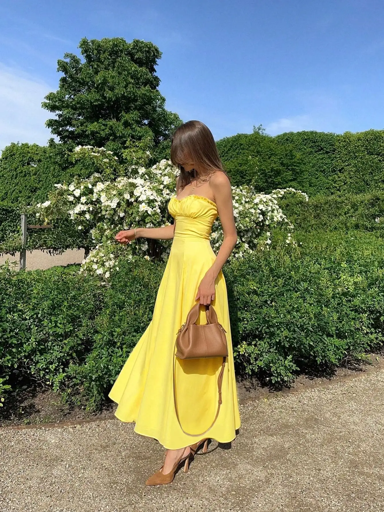 Women's Boho Butter Yellow Vacation Sexy Solid Yellow Ruffle Hem Strapless Dress Zip Back Dress For Easy Wear