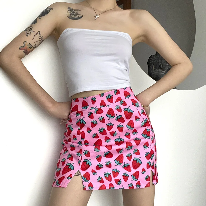 High Waist Strawberry Mini Skirt Sexy Fashion Slim Fit Tight Split Pink Chic Skirt Cottagecore Dress Summer Women Clothing 2024