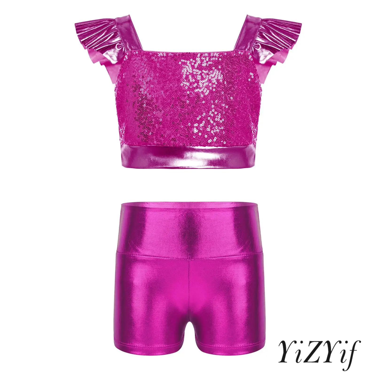 

Kids Girls Jazz Dance Performance Outfit Square Collar Ruffled Sleeves Sparkling Sequin Metallic Crop Top with Shiny Shorts