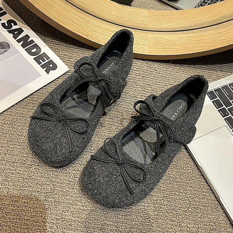 

Solid Butterfly-knot Flats Winter Round Toe Slip-on Women's Shoes on Sale 2025 New Flat with Shallow Flats Sapatos Baixos