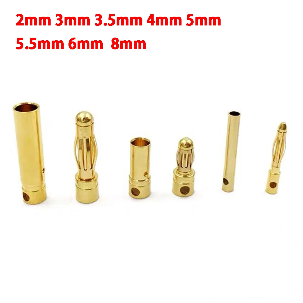 

100 шт. 2 мм 3 мм 3,5 мм 4 мм 5 мм 5,5 мм 6 мм банановый штекер позолоченный медный бесщеточный Разъем двигателя для батареи ESC оптовая продажа