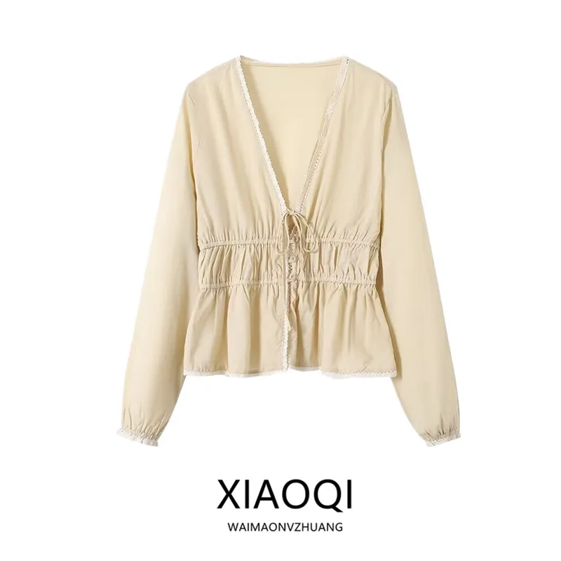 

Весна-Лето 2026: Новая женская модная блузка с длинным рукавом, V-образным вырезом, вышивкой и кружевом, универсальная одежда в европейском стиле, свободный крой