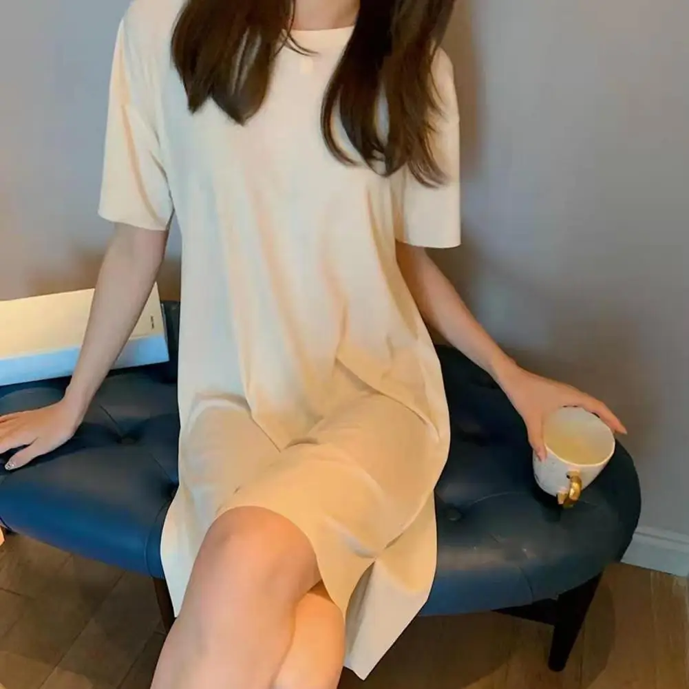 Homewear Midi Dress Stylish Knee-length Nightdress Comfortable Ice Silk Clothes for Women Loose Fit Short Sleeves Solid Color