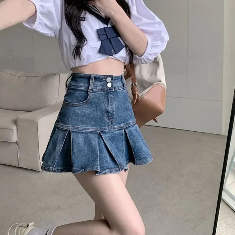 Clothes High Waist Women's Skirt Gyaru Skirts for Woman Pleated Pleat Denim Jeans A Line Harajuku Y2k Korean Style Cheap Luxury