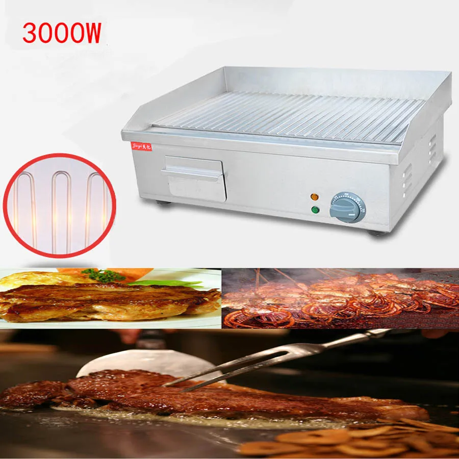 Mesin pemanggang komersial panci panggangan pelat beralur penuh baja wajan penggorengan Steak bergaris UNTUK RESTORAN panekuk listrik