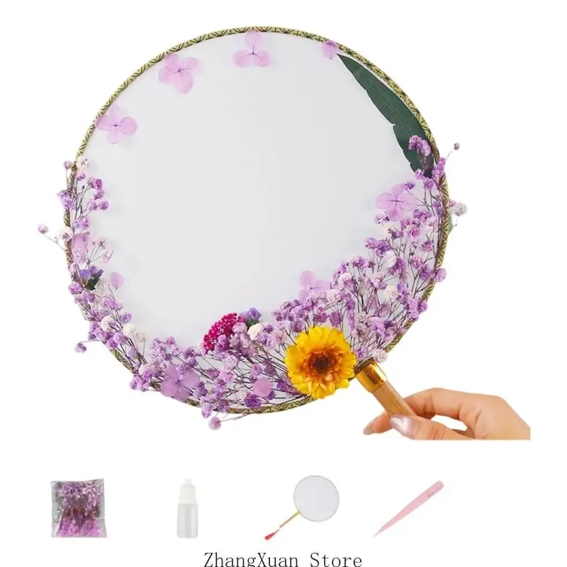 Chinesisches Blumen-Handfächer-Set mit Holzgriff für Regalpräsentation, Raumakzent, beruhigendes Gestalten, Geschenkgebrauch und – Detail 3