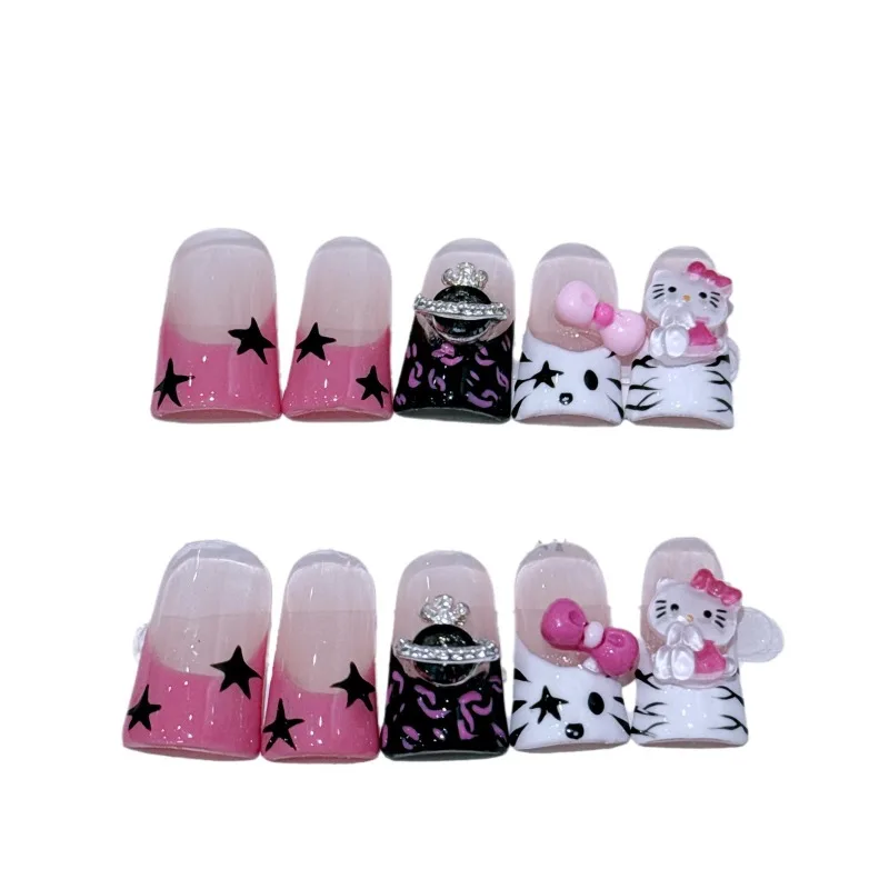 10szt Y2k Hello Kitty Handmade Nails Spicy Girl Duck-bill Press on Nails Korean Średniej długości Fałszywe paznokcie Tips French Edge Design