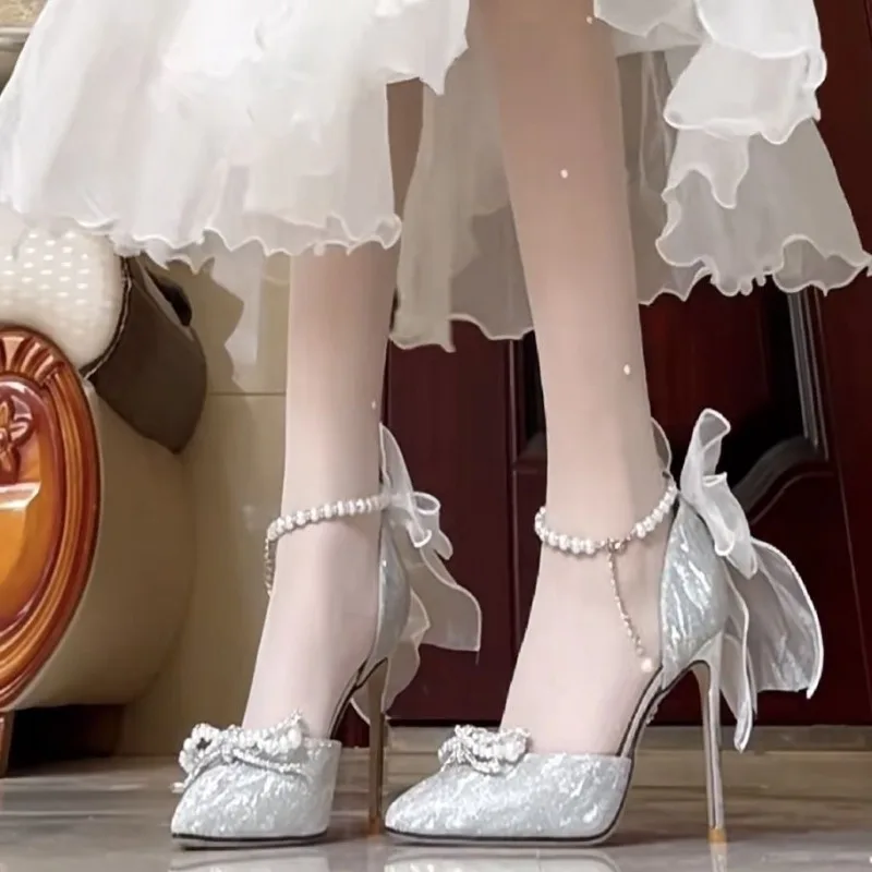 2025 Womens Pointy Toe Bow Mesh Stilettos High Heel Rhinestones Crystal Shoes Wedding Bridal Party Sexy Sliver Heels Women Shoes