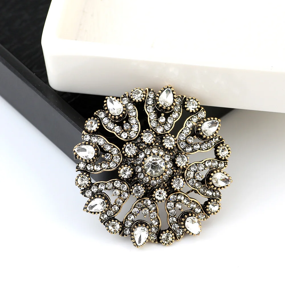 Sunpicems Vintage Turkish Flower Brooch for Women Full Rhinestone Antique Gold Color Round Crystal Pins Jewelry Love Gift 2020