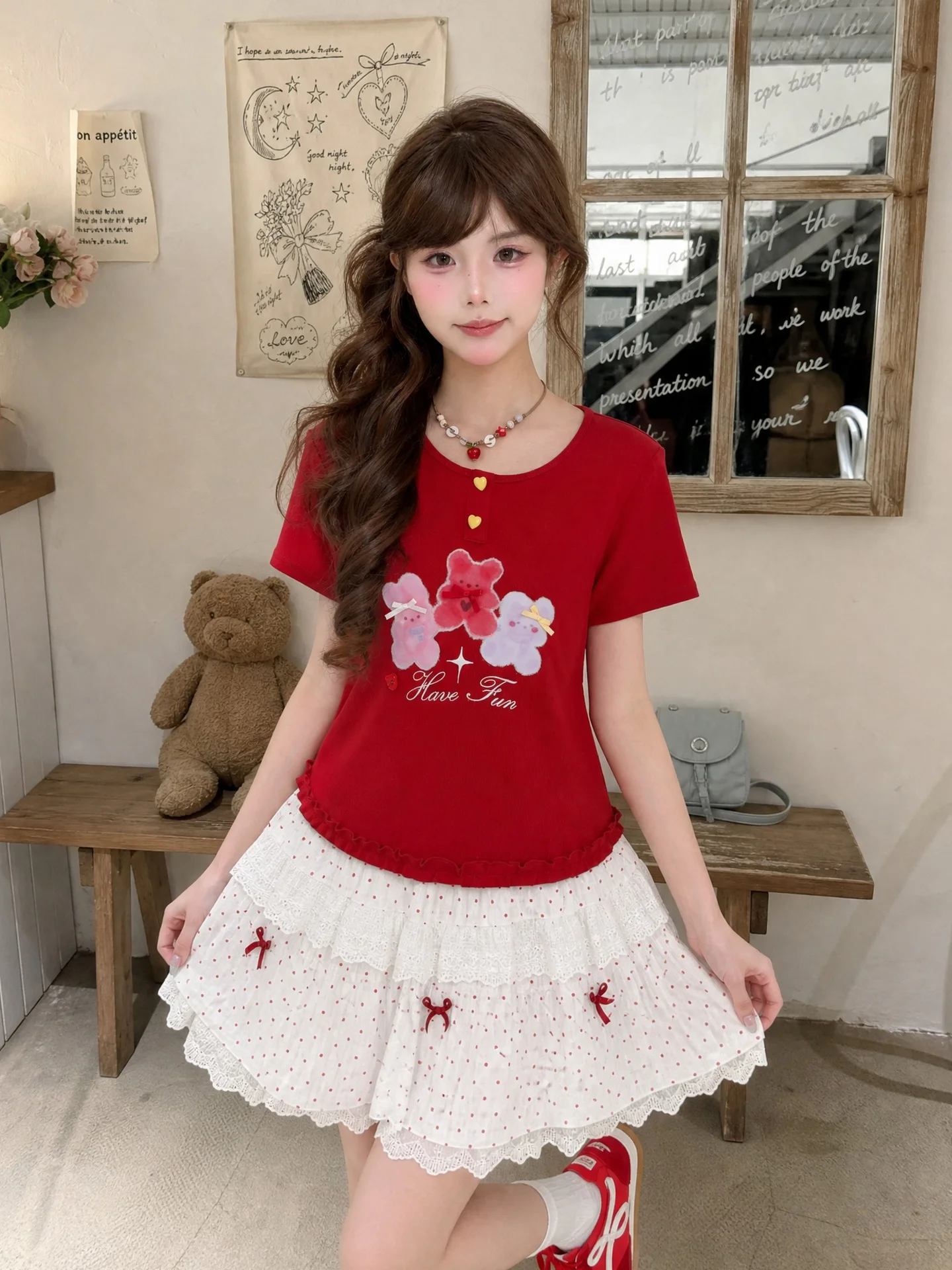 Gradient Bear Short Sleeve T-Shirt Women's New Style Sweet Style Summer Top White Lighting Shortened Dopaamine Fit Body