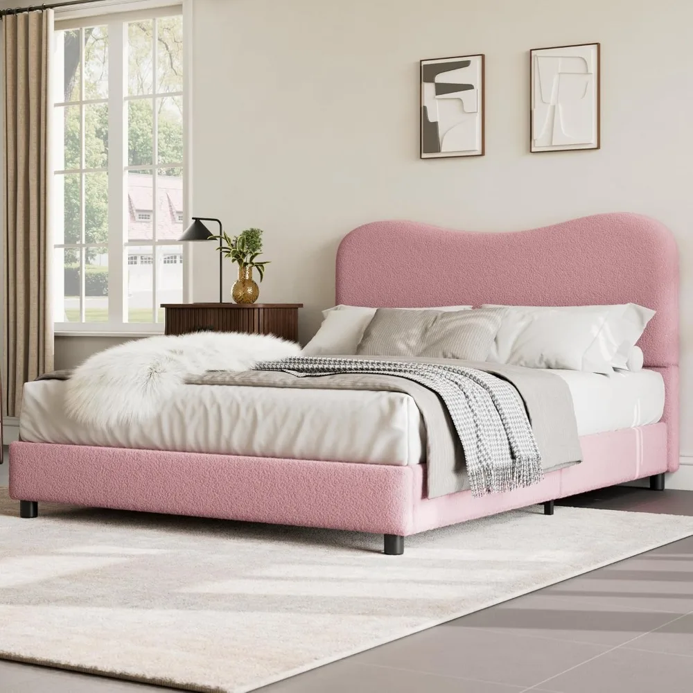 

senfot pink boucle bed frame with upholstered headboard, soft low profile sturdy platform bed with rounded corners design, heavy