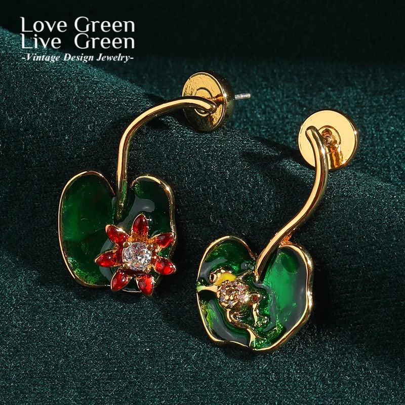 

Vintage Green Enamel Lotus Leaf Drop Earring Flower Frog Gold Color Trendy Jewelry 2025 New Unique Quality Luxury Designer Gifts