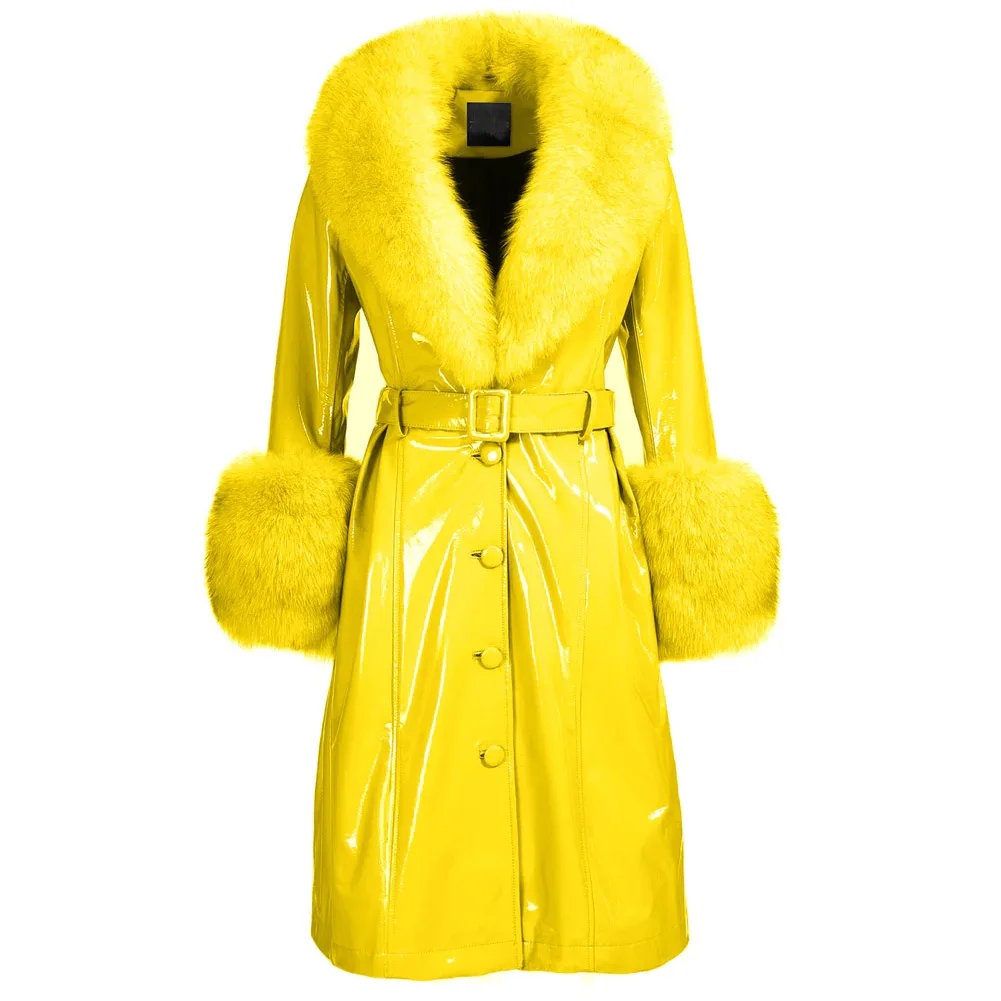 Denny&Dora Bright Yellow Plus Size Coat Women Real Fox Fur Collar Long Genuine Leather Coat Trench