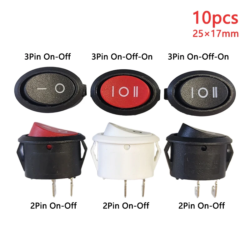 10PCS KCD1 Oval Rocker Switch 2 Pins 2 Gears / 3 Pins 2 Gears-3 Gears Black Red And White Self Locking Electrical Power On/Off