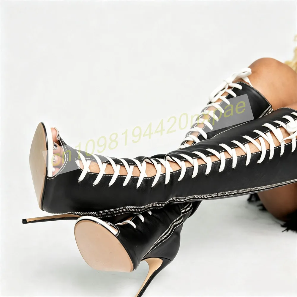 Women Over Knee Boots Open Toe Stiletto Heel Black Lace Up Thigh High Boots Side Zipper Statement Party Fashion Sexy Long Boots