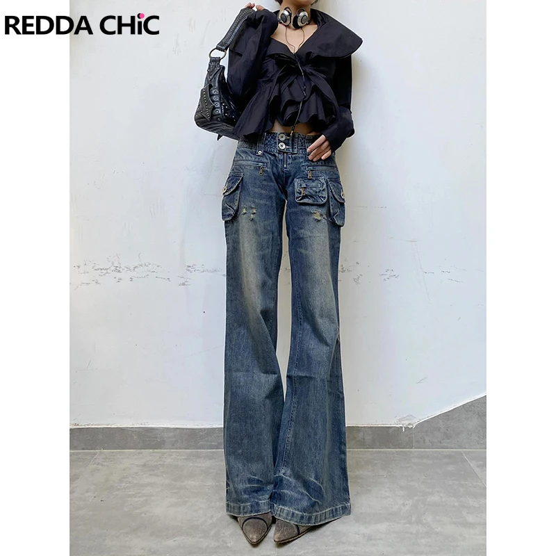 

REDDACHiC Grayu Y2k Women Wide Leg Cargo Jeans Multi-pocket High Rise Washed Frayed Loose Flare Jeans Casual Vintage Streetwear