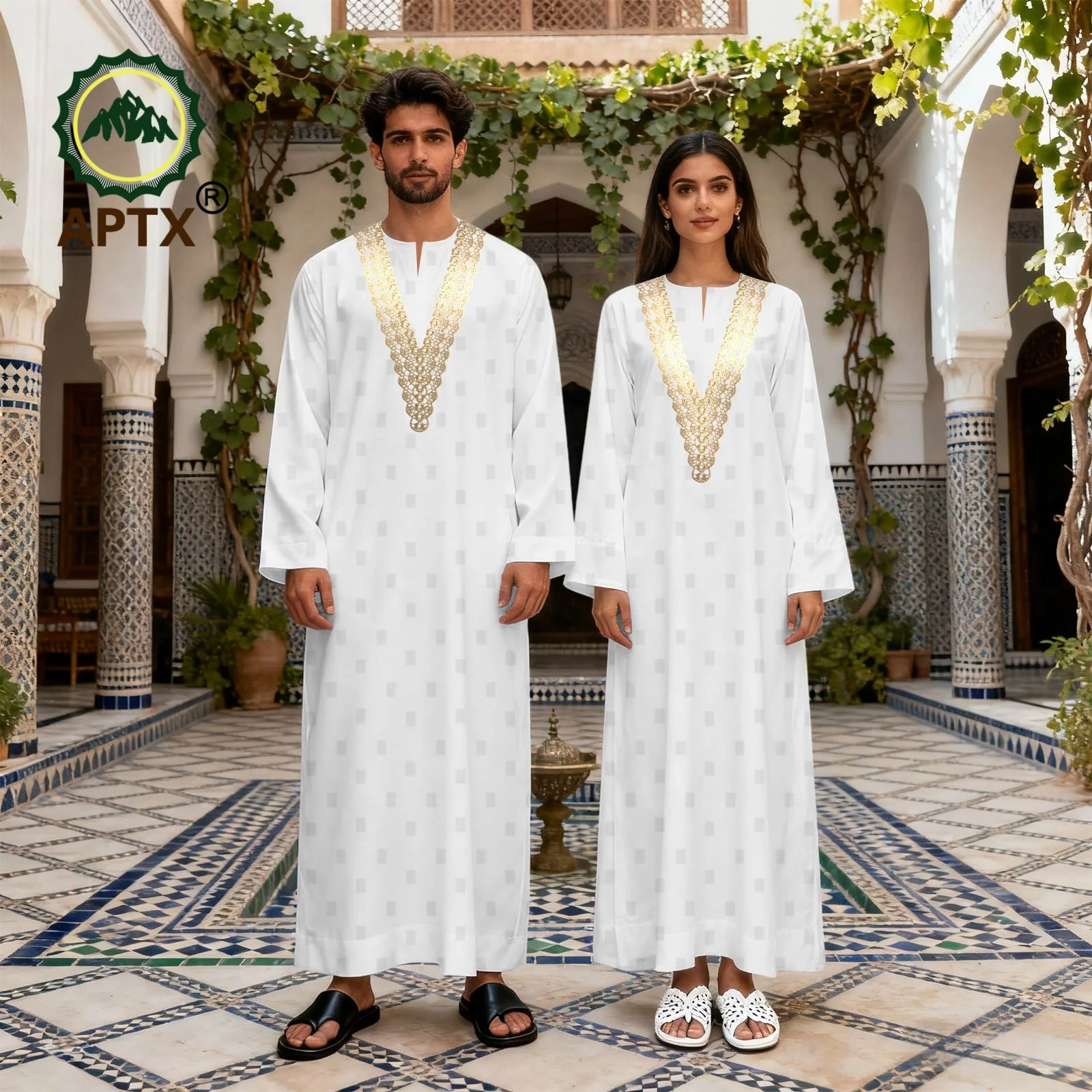 

Комплект женских исламских платьев APTX: позолоченное кружево, парные халаты, вышивка, длинный рукав, женская одежда 25C114