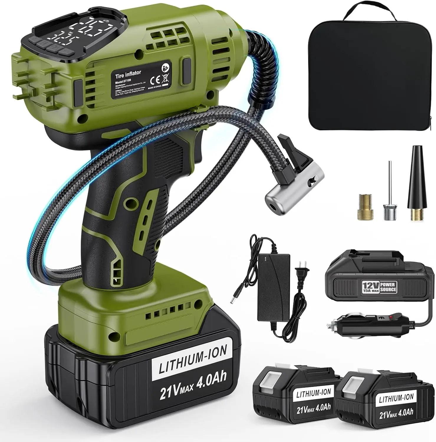 

Портативный беспроводной насос для накачивания шин, воздушный насос 21 В, 150 фунтов на квадратный дюйм, двойная мощность, светодиодный светильник для автомобиля