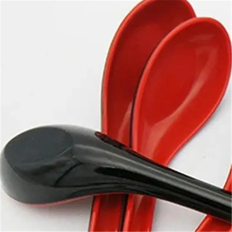 

10Pcs Restaurant Bar Kitchen Cutlery Red And Black Melamine Porcelain Anti-Shock Spoons Dumplings Porridge Soup Spoon