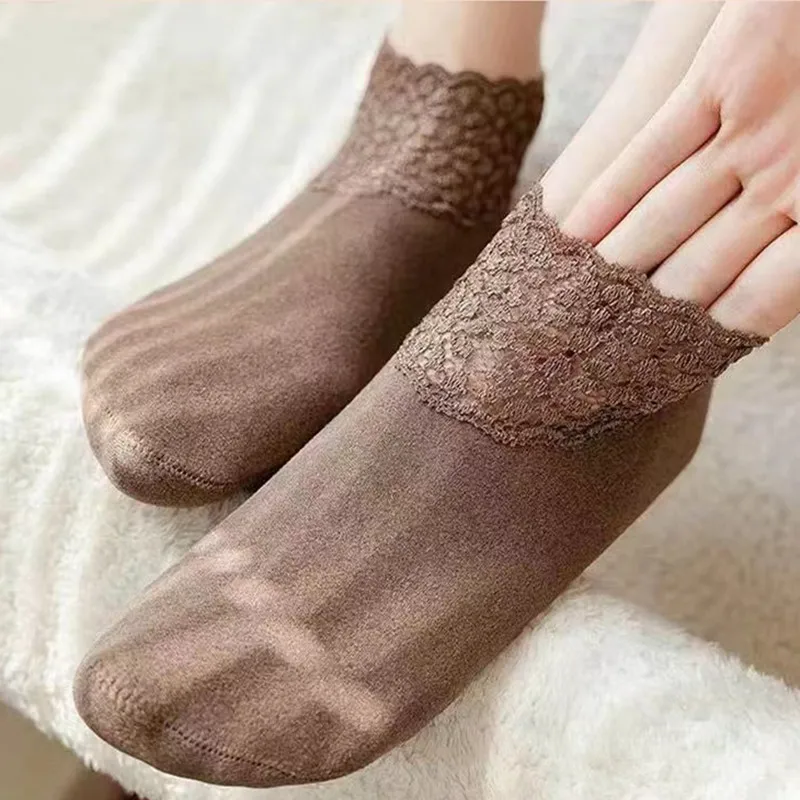 3Pairs Women Floor Socks Lace Silicone Non-slip Mid-tube Autumn and Winter Super Soft and Thick German Velvet Warm Loose Socks